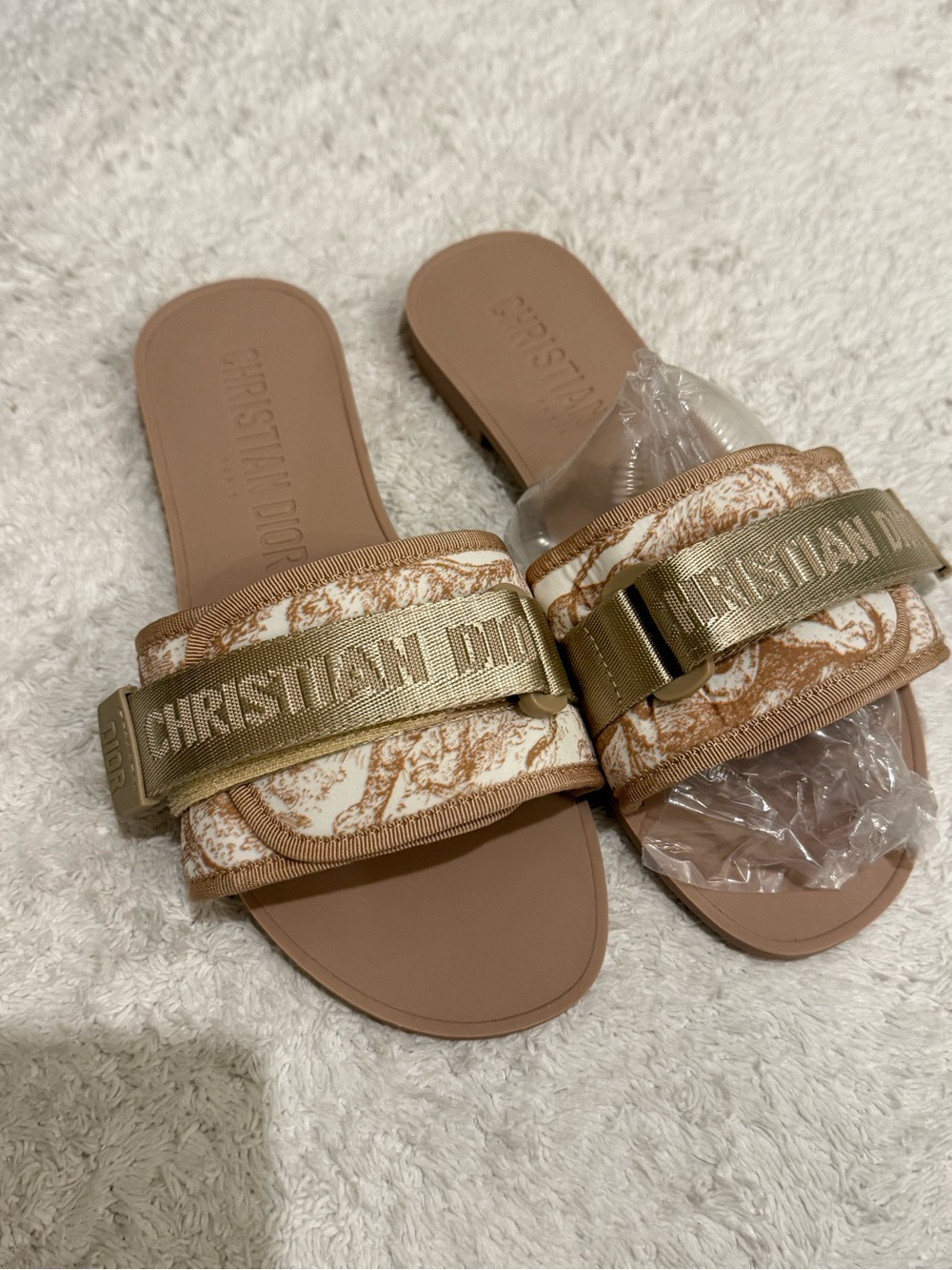 Size 38 Dior Tan & Beige Toile Slide Sandals with Gold Logo Strap